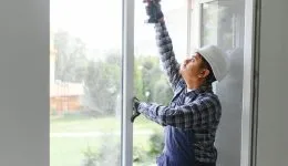 Indian service man installing window with screwdriver